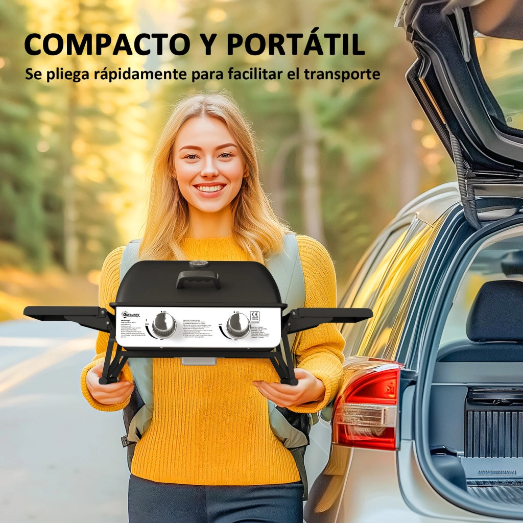 Barbecue a Gas 2 Fuochi con Termometro e Scaffali Laterali Pieghevoli ¨C zephmum ¨C 101x48x41 cm Nero