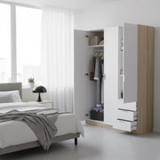 Guardaroba Apaches, Armadio per camera da letto a 3 ante e 3 cassetti, Mobile con barra appendiabiti e 3 ripiani cm 121x80h180, Bianco e Rovere