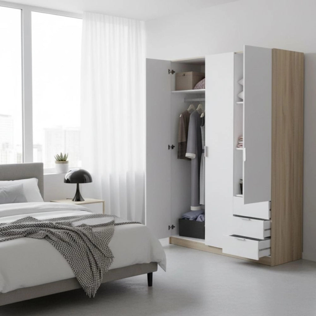 Guardaroba Apaches, Armadio per camera da letto a 3 ante e 3 cassetti, Mobile con barra appendiabiti e 3 ripiani cm 121x80h180, Bianco e Rovere