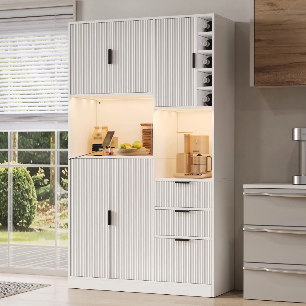 Credenza da cucina con LED app, 3 cassetti e portabottiglie, per cucina e sala da pranzo, bianco, 180 × 105 × 40 cm