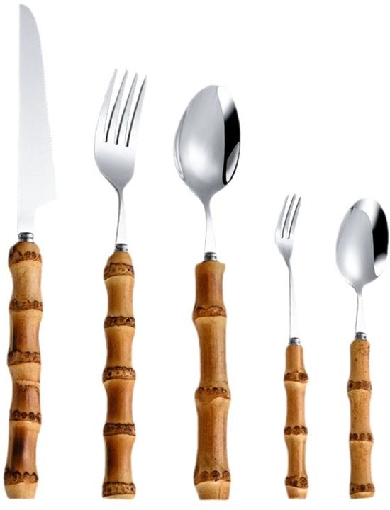 Set di posate in argento a inox per cucina con manico in bambù, servizio di posate con coltello, forchetta e cucchiaio, dessertlepel (argento, 5 pezzi)