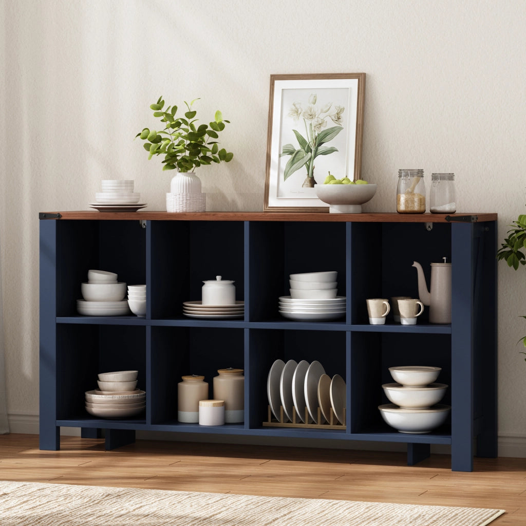 Mobile contenitore a 8 vani aperti 140x34x75 cm in MDF blu HOMVRA