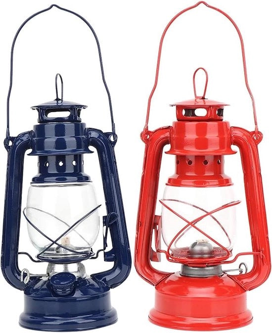Due pezzi di lanterne a kerosene da campeggio vintage - lampada retro portatile per picnic, casa, giardino, festa all'aperto, patio e escursione (rosso + blu)