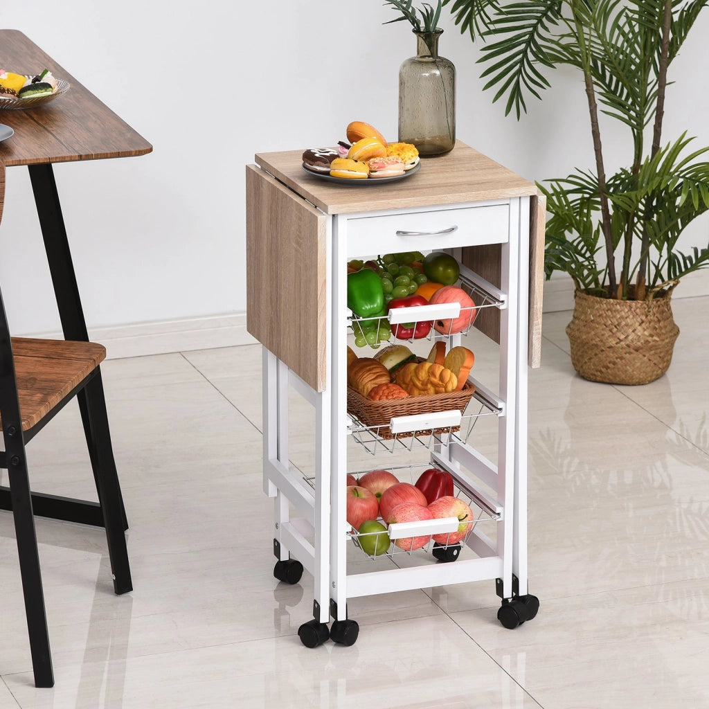 Easycomfort Carrello Portavivande Pieghevole a 6 Ruote con 3 Cestini, Cassetto e 2 Ribalte, Carrellino per Cucina in MDF e Metallo, 37x37x77.5 cm, Bianco e Legno