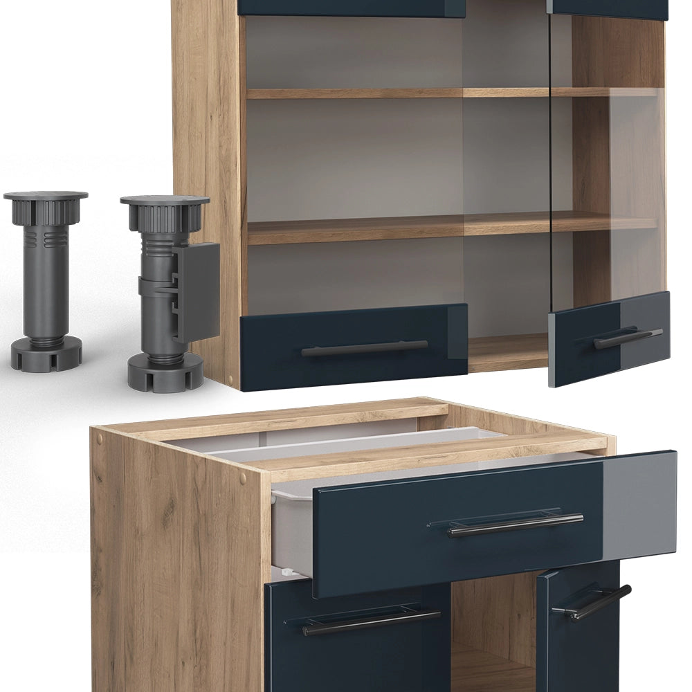 Cucina singola Fame-Line Blu scuro lucido/Rovere dorato 140 cm, PL Marmo Vicco