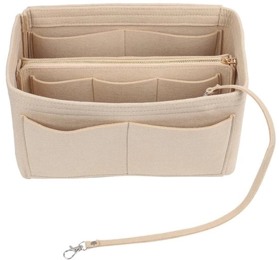 Organizzatore di Tasca Multifunzionale in Velluto Beige, Tasca di Tasca 2 in 1 con Compartimenti Rimovibili per Donne Medie, Dimensioni 27 * 16 * 16cm