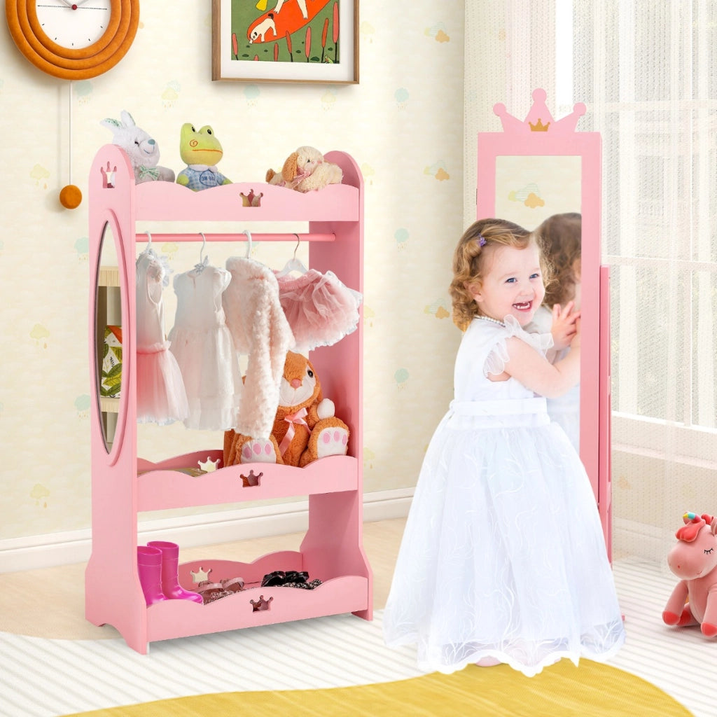 Armadio gioielli per bambini con specchio a figura intera autonomo e base girevole, Armadio portagioie per ragazze Rosa-Armadietti per gioielli