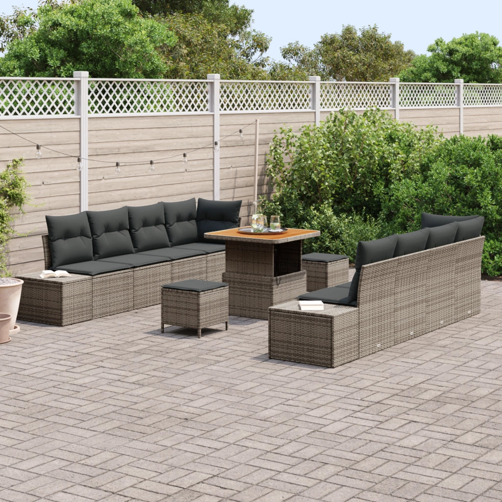 Set Divano da Giardino 11 Pezzi con Cuscini Grigio Polirattan Acacia