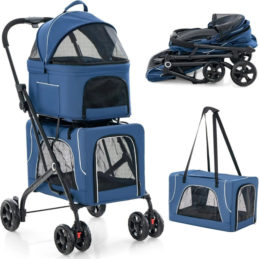 Passeggino per animali a 2 posti per 2 cani o gatti con 2 trasportini rimovibili-Passeggino 3 in 1 pieghevole per cani Blu