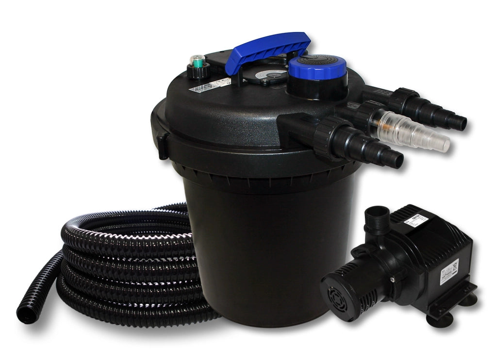 Set per laghetti da 6000l Filtro a pressione Chiarificatore UVC da 11W Tubo 25m Pompa 65W