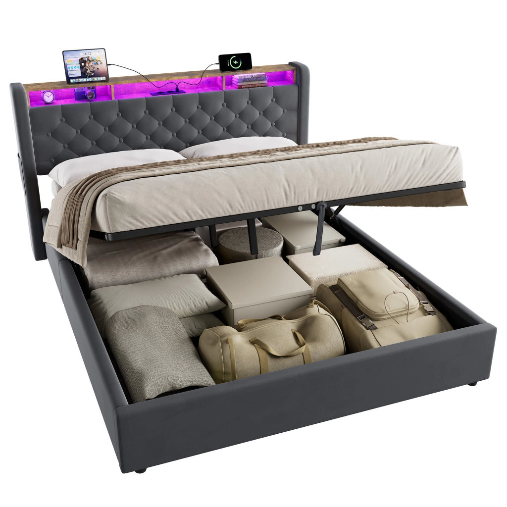 LETTO Imbottito 160 x 200 cm in Velluto Grigio Scuro con Contenitore