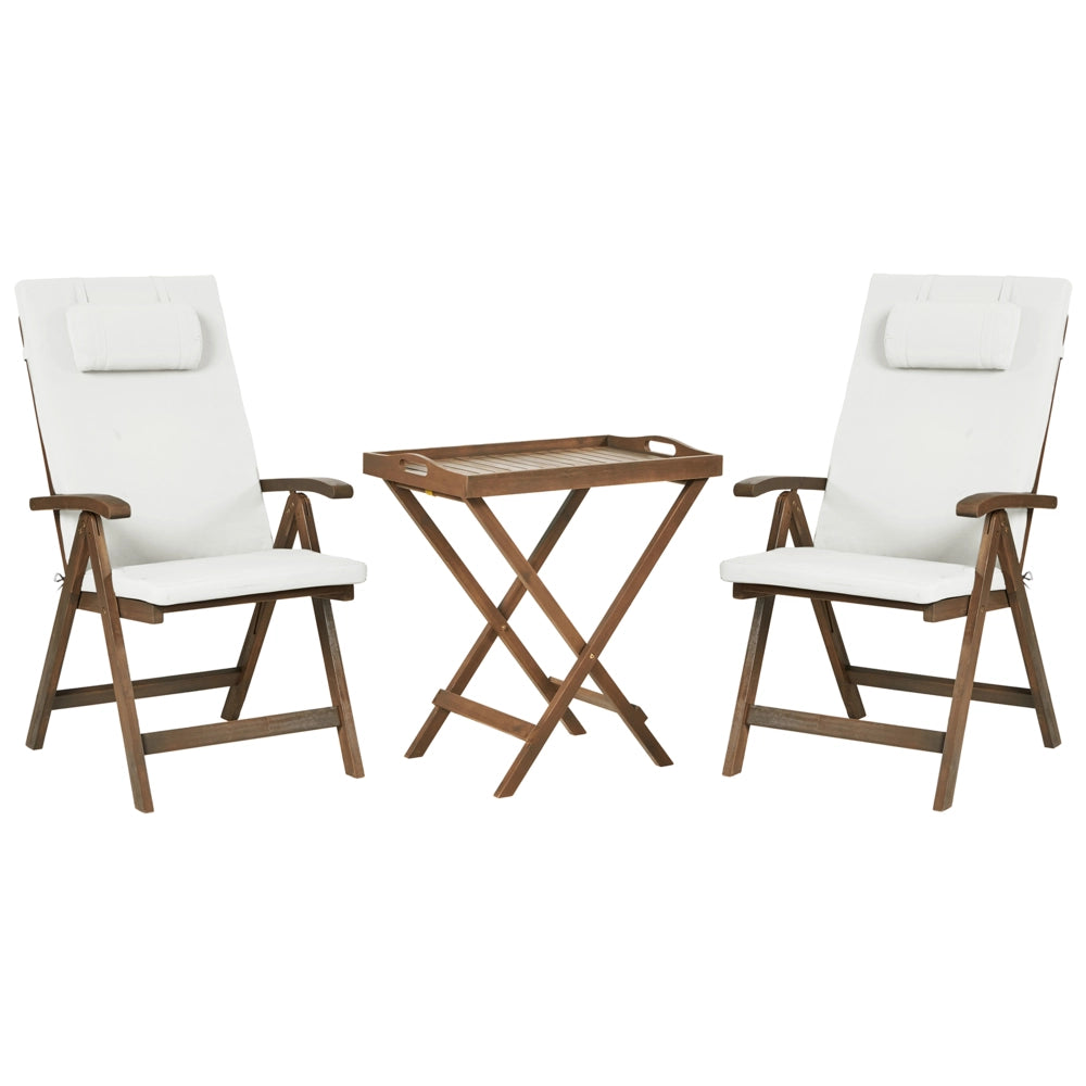 Set da balcone in stile rustico da giardino tavolo in acacia massiccia naturale e 2 sedie pieghevoli con cuscini bianco sporco
