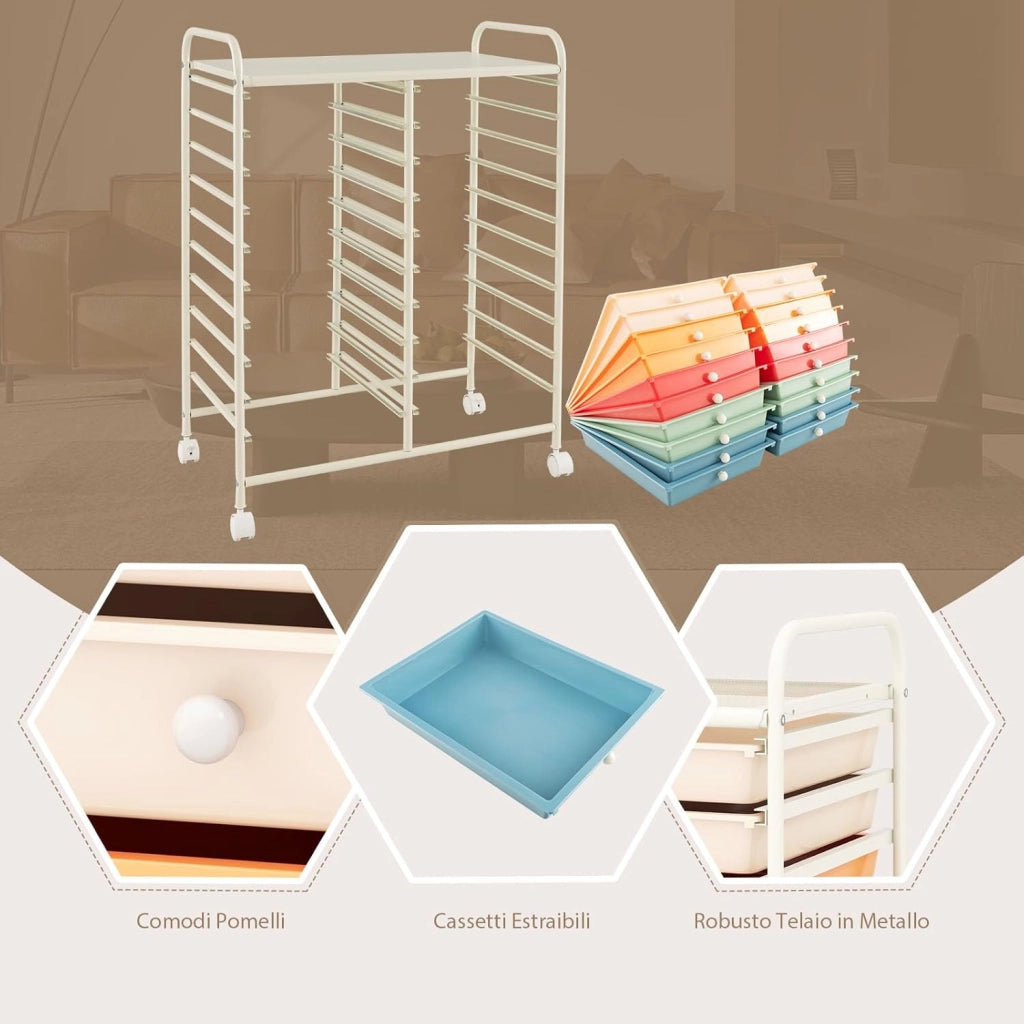 Carrello di Stoccaggio con 20 Cassetti, Carrello portaoggetti con 4 Ruote, Carrello Multiuso per Scuola Ufficio Cucina, 64 x 39 x 88 cm (Colorato 2)