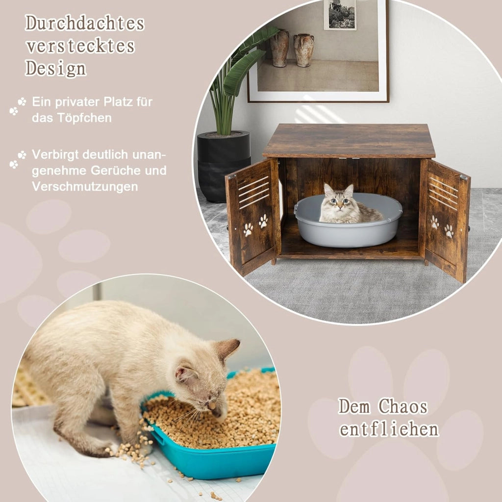 Lettiera per gatti con ante magnetiche e ingresso, 3 in 1, armadietto per gatti e tavolino, cassettiera con maniglia, 70 x 51,5 x 50,5 cm, marrone vintage