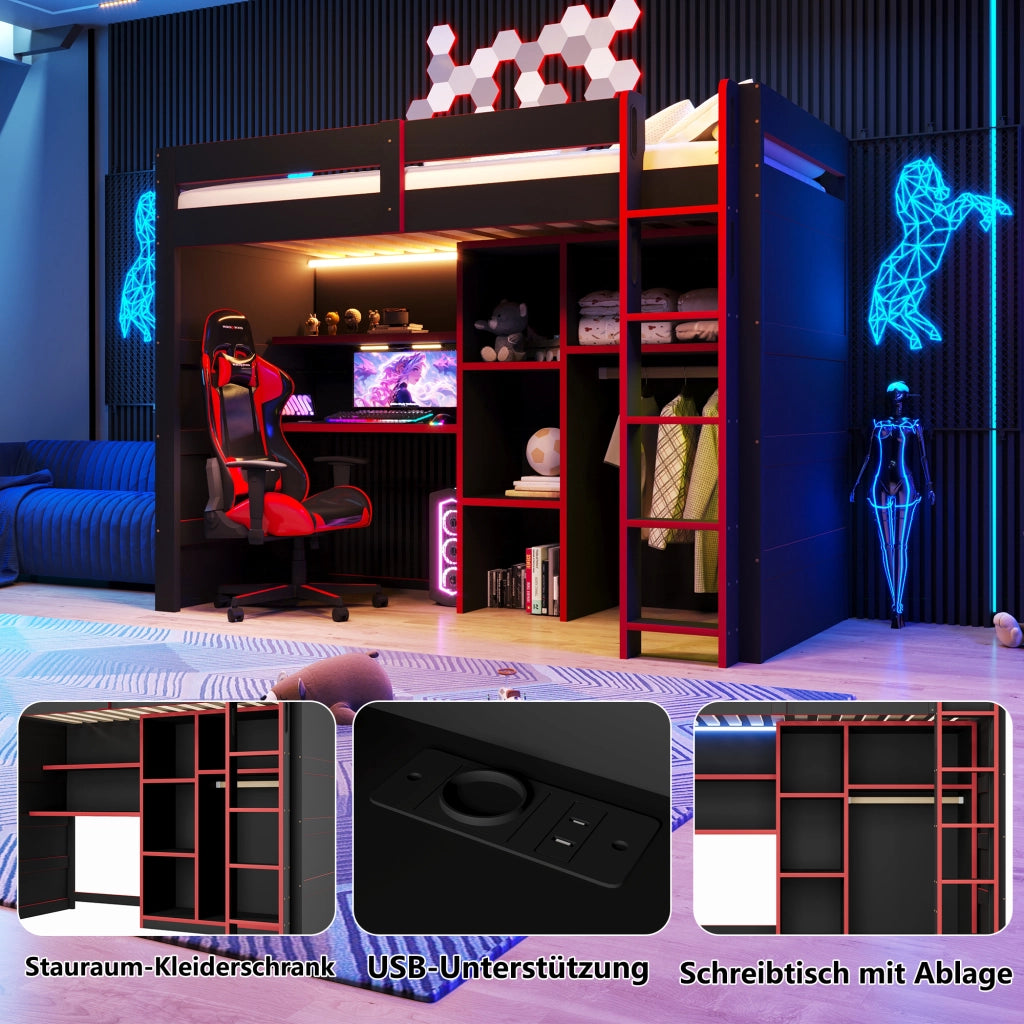 Letto a soppalco 90 × 200 cm con scrivania armadio aperto LED USB in MDF e compensato nero e rosso