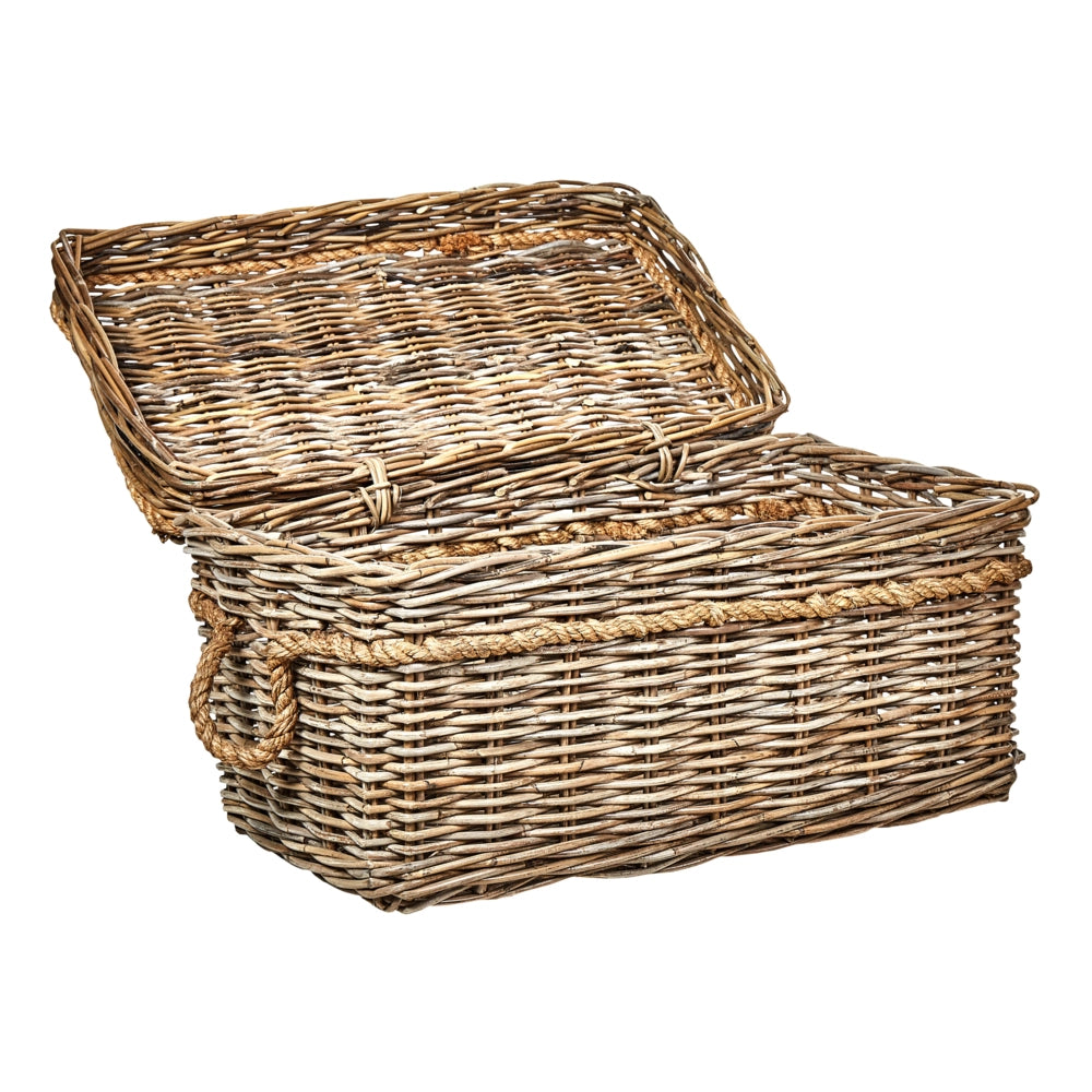 Set di 3 scatole in rattan con telaio in mogano, manici in corda e coperchi fatti a mano in stile boho soggiorno camera da letto