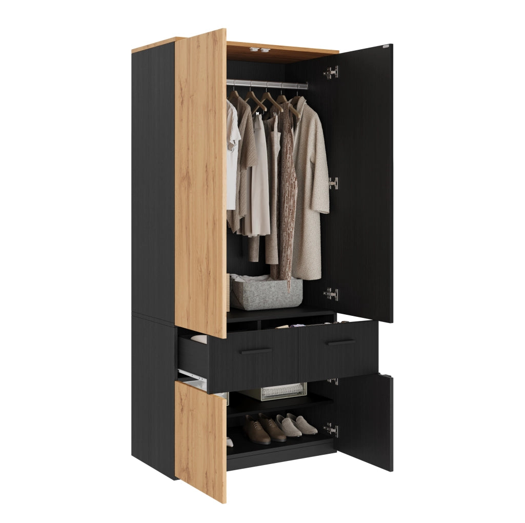 ARMADIO a ante battenti 90x50x200 cm Nero e Naturale con 2 cassetti