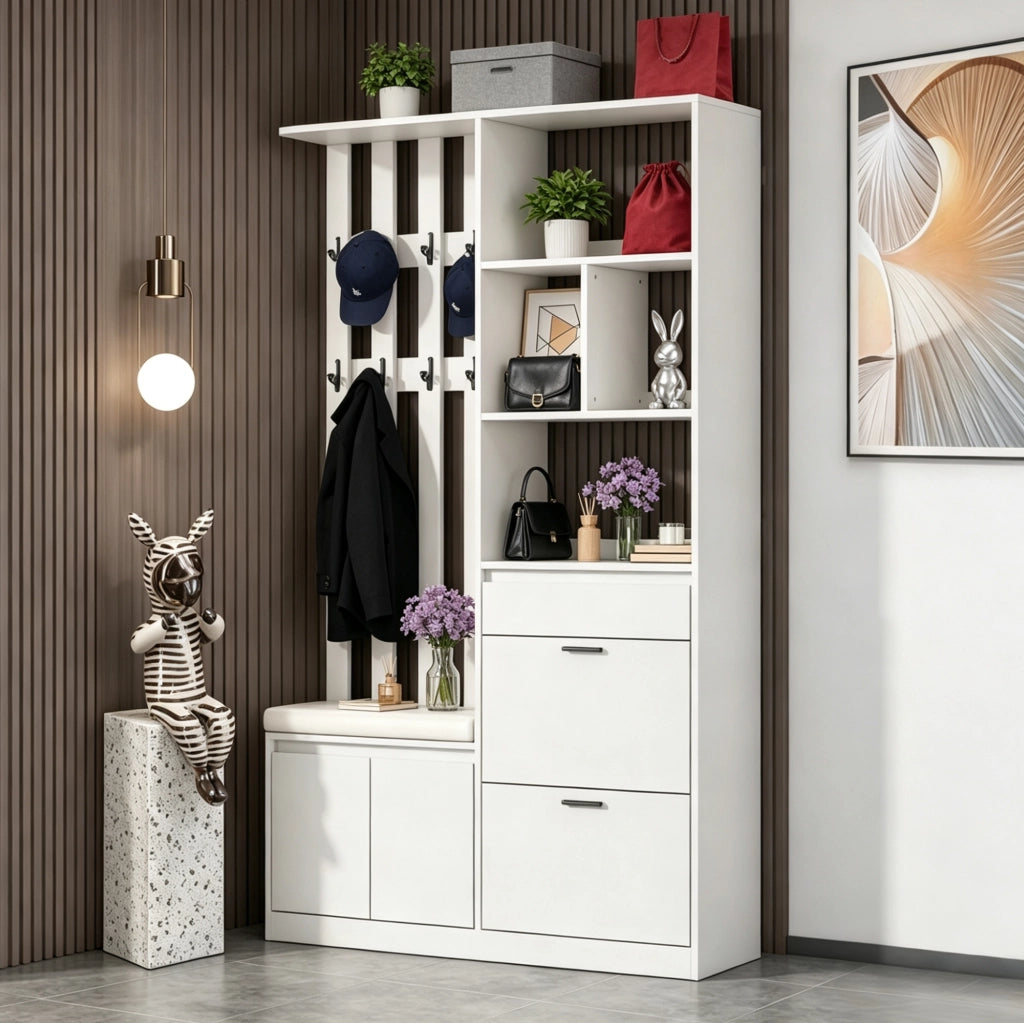 Garderoba da ingresso multifunzionale 120x30x200 cm in MDF bianco con panca e scarpiera
