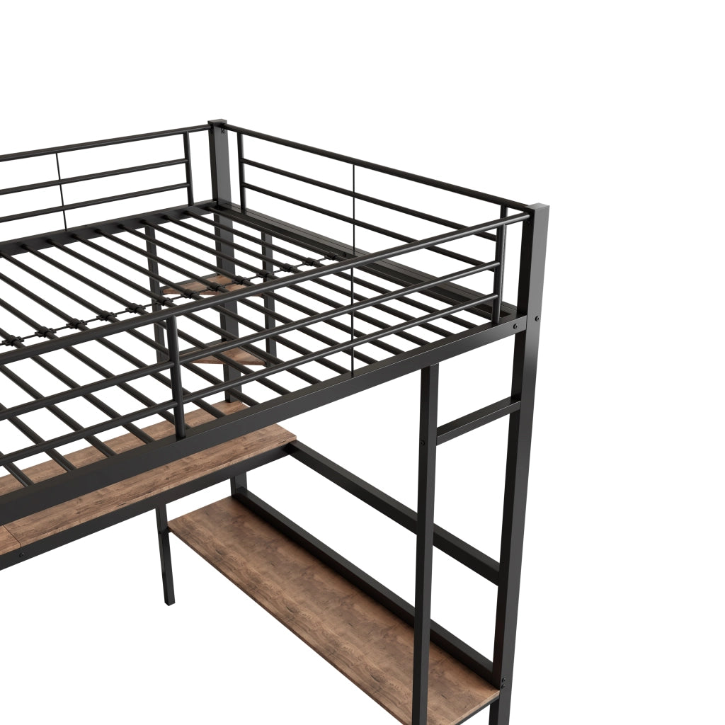 Letto a castello nero in metallo con scrivania e scaffali 90x200 cm