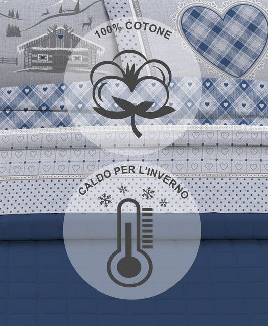 Completo Letto in Flanella Calda e Morbida Anti Pilling - Set Flanellato 3 Misure parure con Federe - Chalet Blu - 1 Piazza
