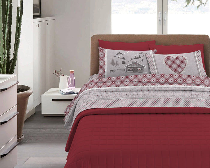 Completo Letto in Flanella Calda e Morbida Anti Pilling - Set Flanellato 3 Misure parure con Federe - Chalet Rosso - 1 Piazza e mezza