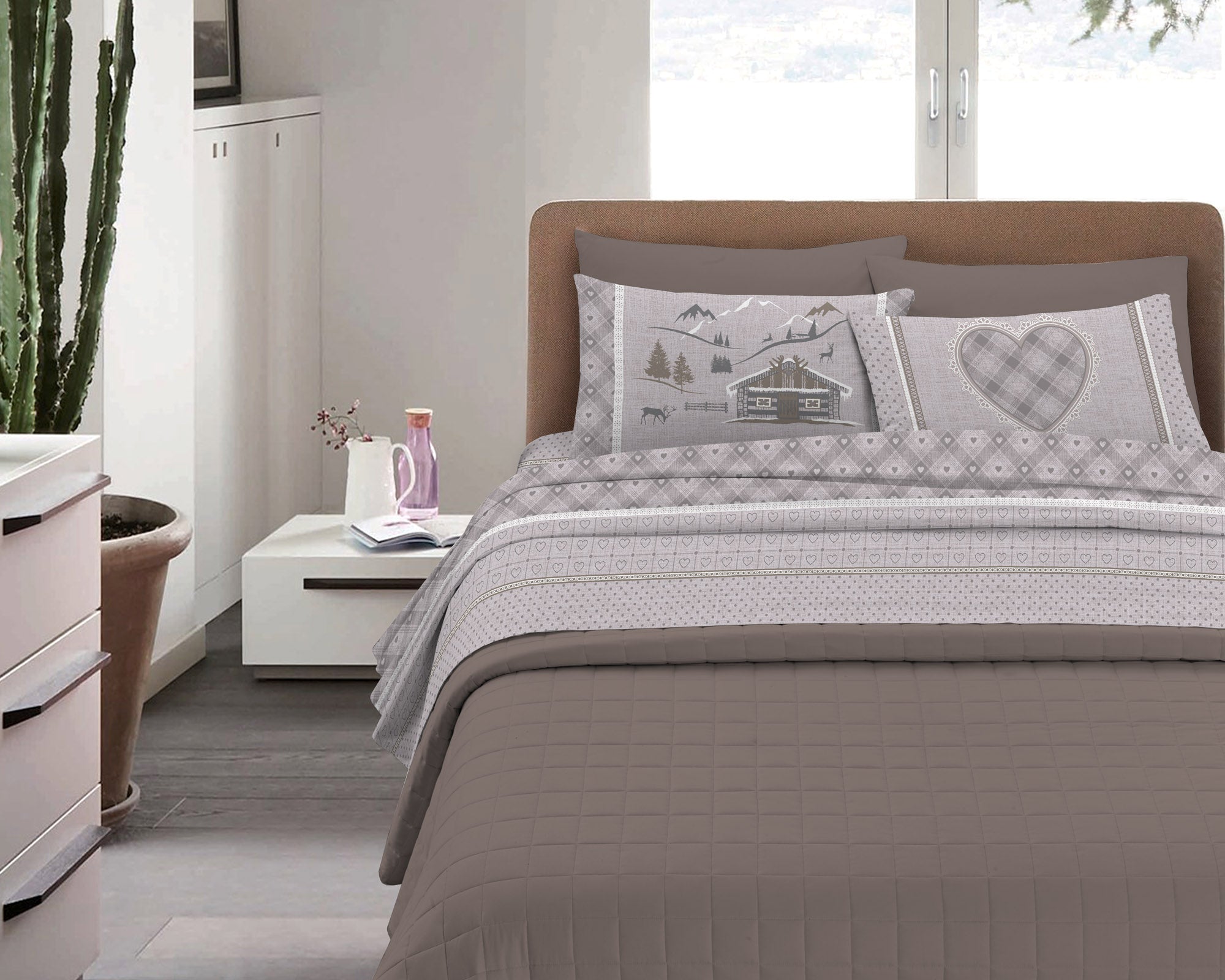 Completo Letto in Flanella Calda e Morbida Anti Pilling - Set Flanellato 3 Misure parure con Federe - Chalet Beige - 2 Piazze