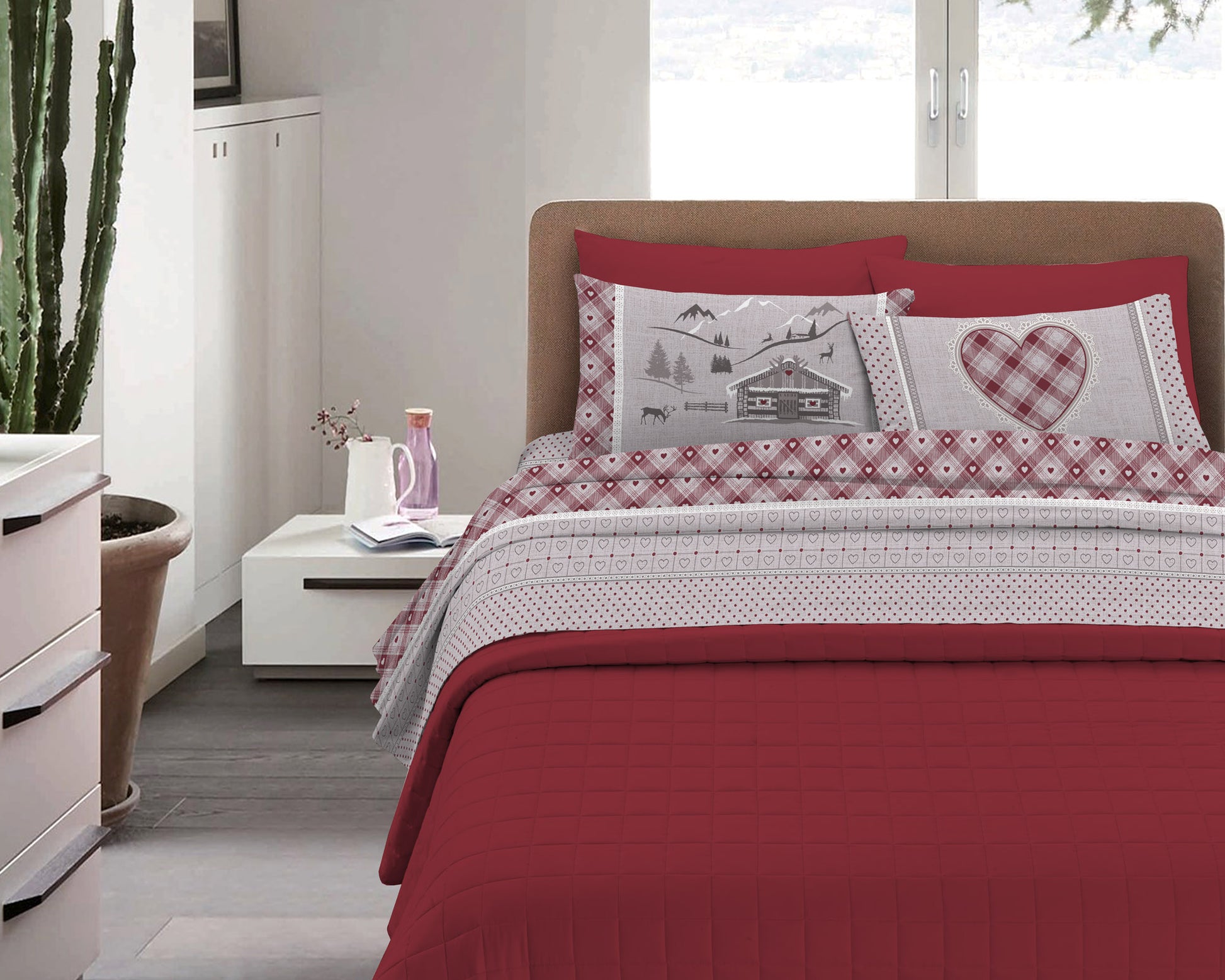 Completo Letto in Flanella Calda e Morbida Anti Pilling - Set Flanellato 3 Misure parure con Federe - Chalet Rosso - 2 Piazze