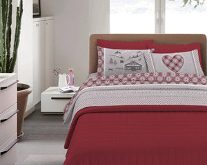 Completo Letto in Flanella Calda e Morbida Anti Pilling - Set Flanellato 3 Misure parure con Federe - Chalet Rosso - 2 Piazze