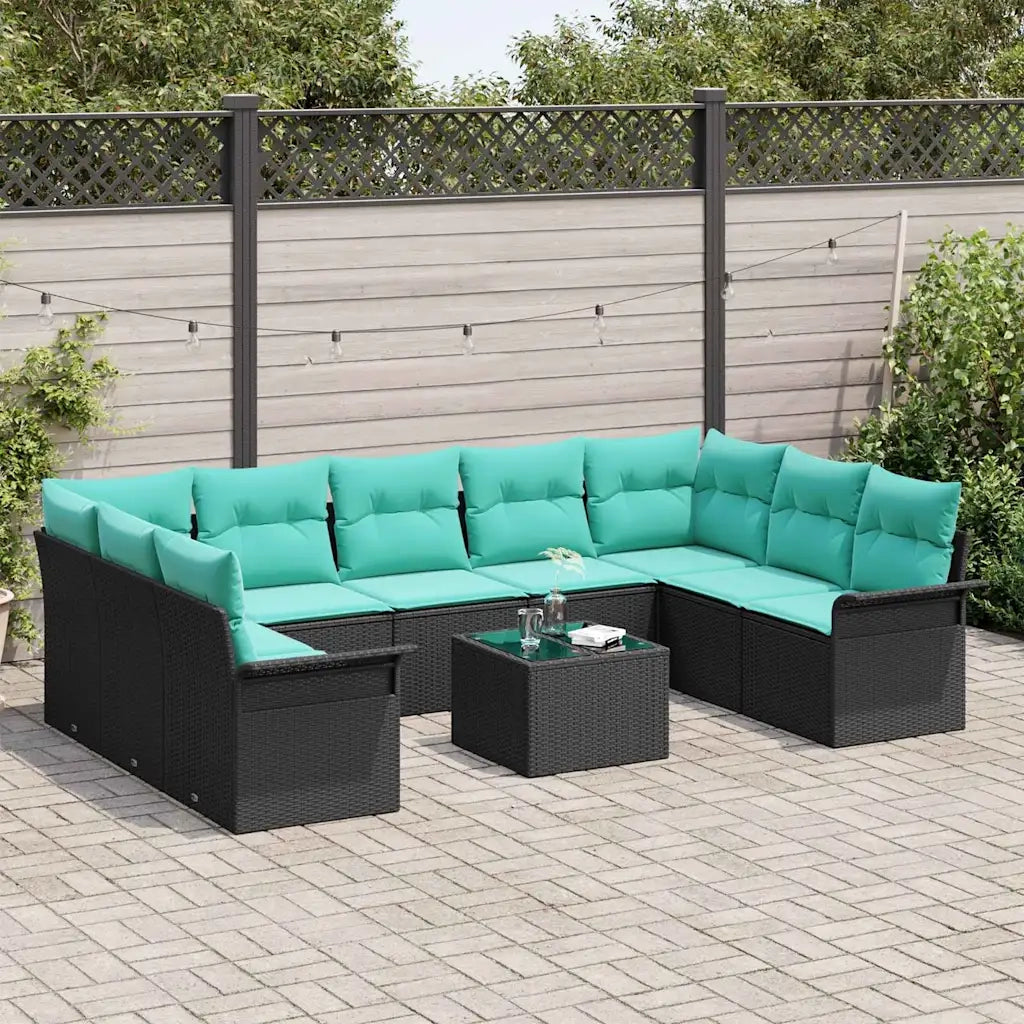 Set Divano da Giardino con cuscino 10 pcs Nero Poly Rattan