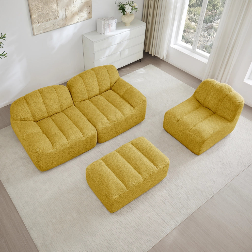 Divano angolare modulare a 3 posti senza struttura con pouf in pile granulare giallo per soggiorno 288 × 165 × 79 cm