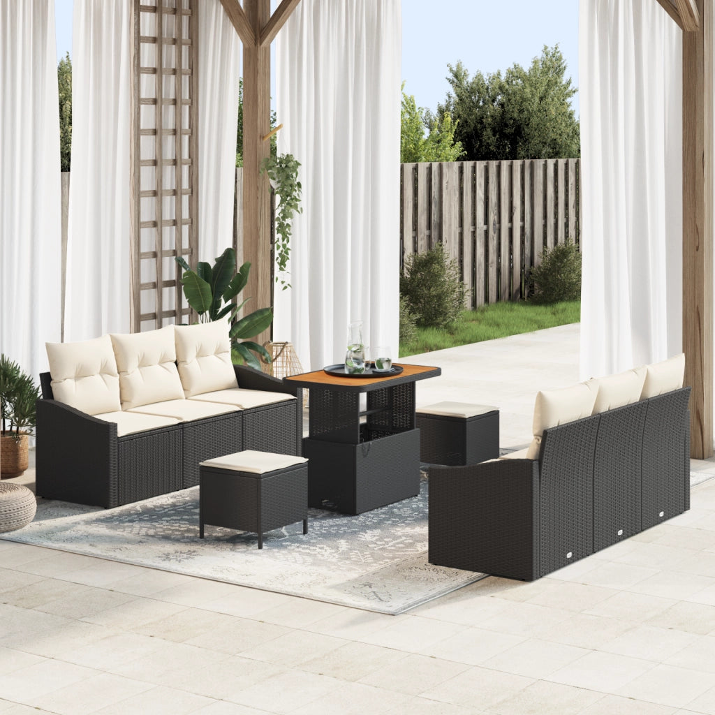 Set di divani da giardino 9 pezzi con cuscini in polyrattan nero e acacia