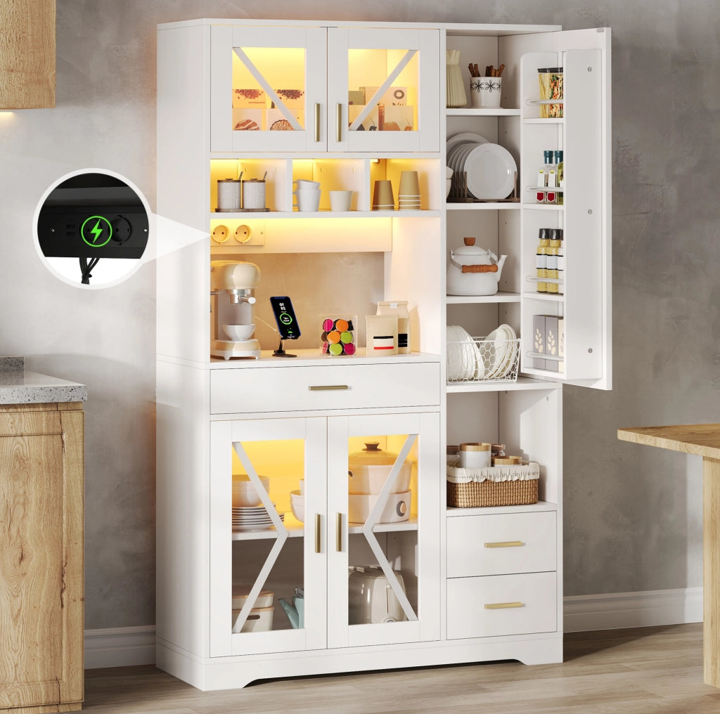Credenza buffet con LED controllabile da APP; prese USB e AC; 105x40x185 cm; bianco