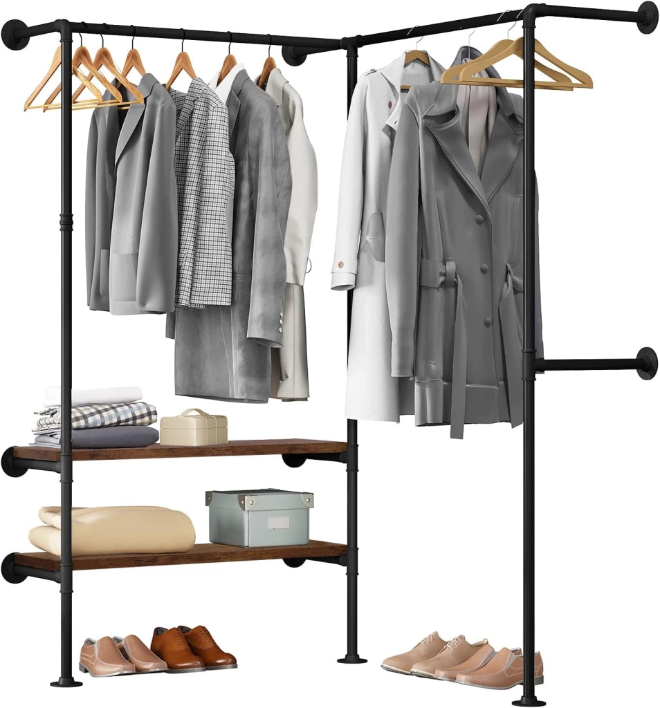 Asta appendiabiti industriale nera per montaggio a parete, appendiabiti con ripiano, per camera da letto, sistema appendiabiti in tubi metallici MDF