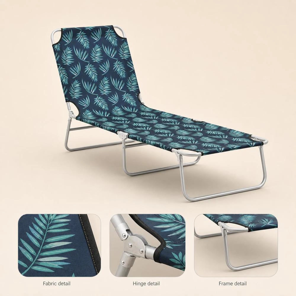 Folding Lounger, Steel And Fabric Leaf Pattern