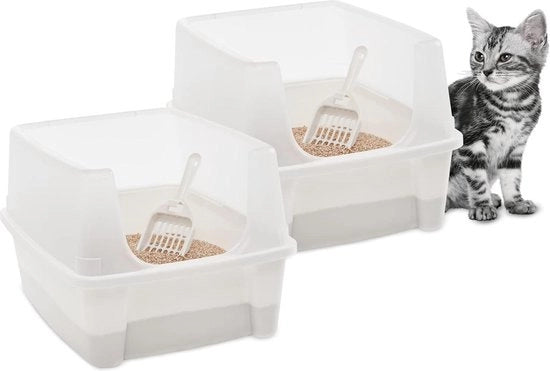 Bidet in plastica con supporto e spazzola - Set di 2 - Bordo sollevato - Dimensioni 48,5 x 38 x 30 cm - WC per gatti - Bianco