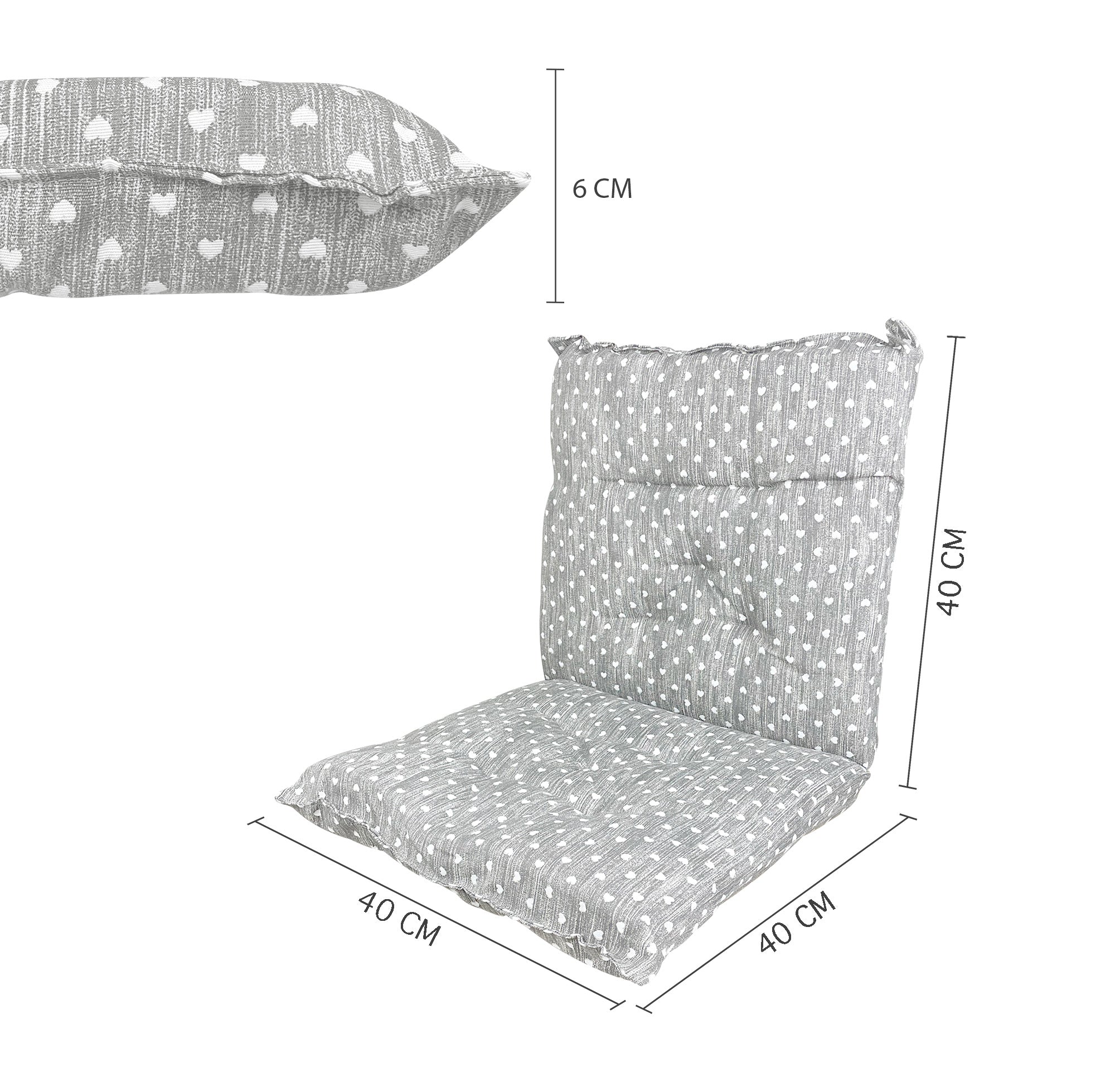 Set Cuscini Sedia Con Schienale Imbottiti Con Laccetti Banda Elastica 40 x 80 Cm CuoricinoGrigio - 4 Pezzi