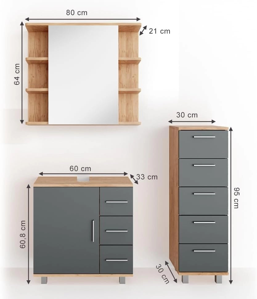 Set mobili bagno Ilias, Rovere, 60 cm, composto da mobile sottolavabo, specchiera e mobile medio