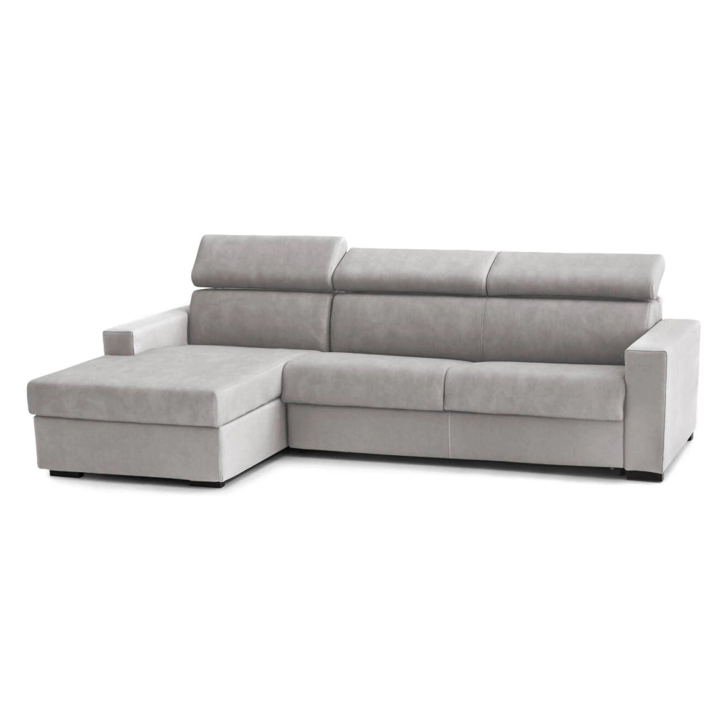 Divano Letto Alibabah, Divano ad angolo, Made in Italy, SofÒ  con apertura girevole, con Penisola contenitore Sinistra, con Braccioli standard, cm 280x95h85, Grigio