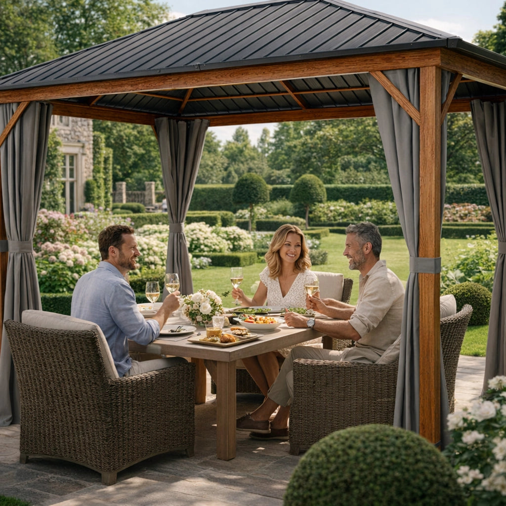 Gazebo Per Giardino 3x4 Metri Con Struttura Effetto Legno Tetto In Acciaio Zincato E Tende Laterali Impermeabili Adatto A Patio Terrazza E Outdoor 300 x 400 x 295 Cm Effetto Legno E Grigio