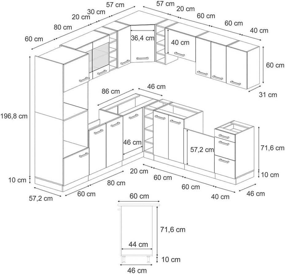 Cucina angolare completa R-Line, Antracite lucido, 247 x 60 cm, PL Antracite, per una pianificazione cucina flessibile e un'estensione modulare