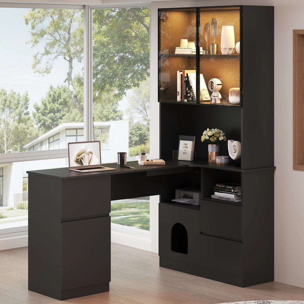 Scrivania ad angolo 120×80×180 cm con libreria integrata e vetrina LED, 3 cassetti, 2 ante, nero