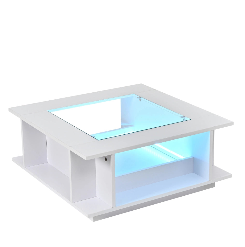 Tavolino da caffè 70x70x30 cm con illuminazione LED; piano in vetro e finitura lucida; truciolare bianco