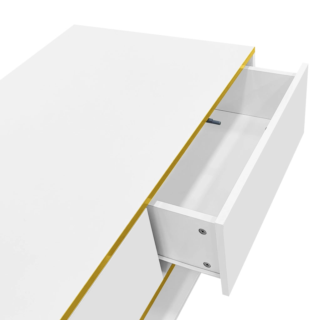 Tavolino da caffè moderno bianco e oro con LED, 3 cassetti e vano aperto