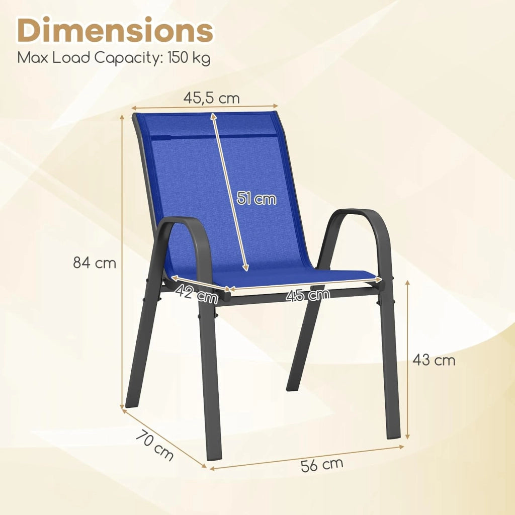 Set di 2/4 Sedie da Giardino, Sedie Impilabili da Esterno in Tessuto con Telaio in Metallo, Poltrona da Balcone con Braccioli e Schienale Alto, per Sala da Pranzo, Carico 150 kg (Blu*2)