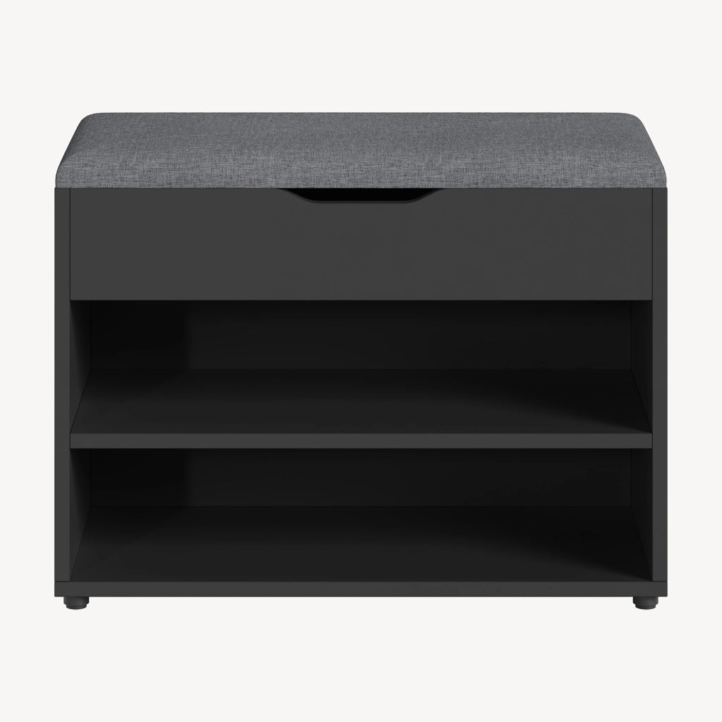 Panchina Portascarpe con Seduta Apribile (AxLaxP) 46 x 60 x 30 cm Panca da Ingresso/Corridoio Mobiletto con Seduta Imbottita, Contenitore e 2 Ripiani - Nero/Grigio