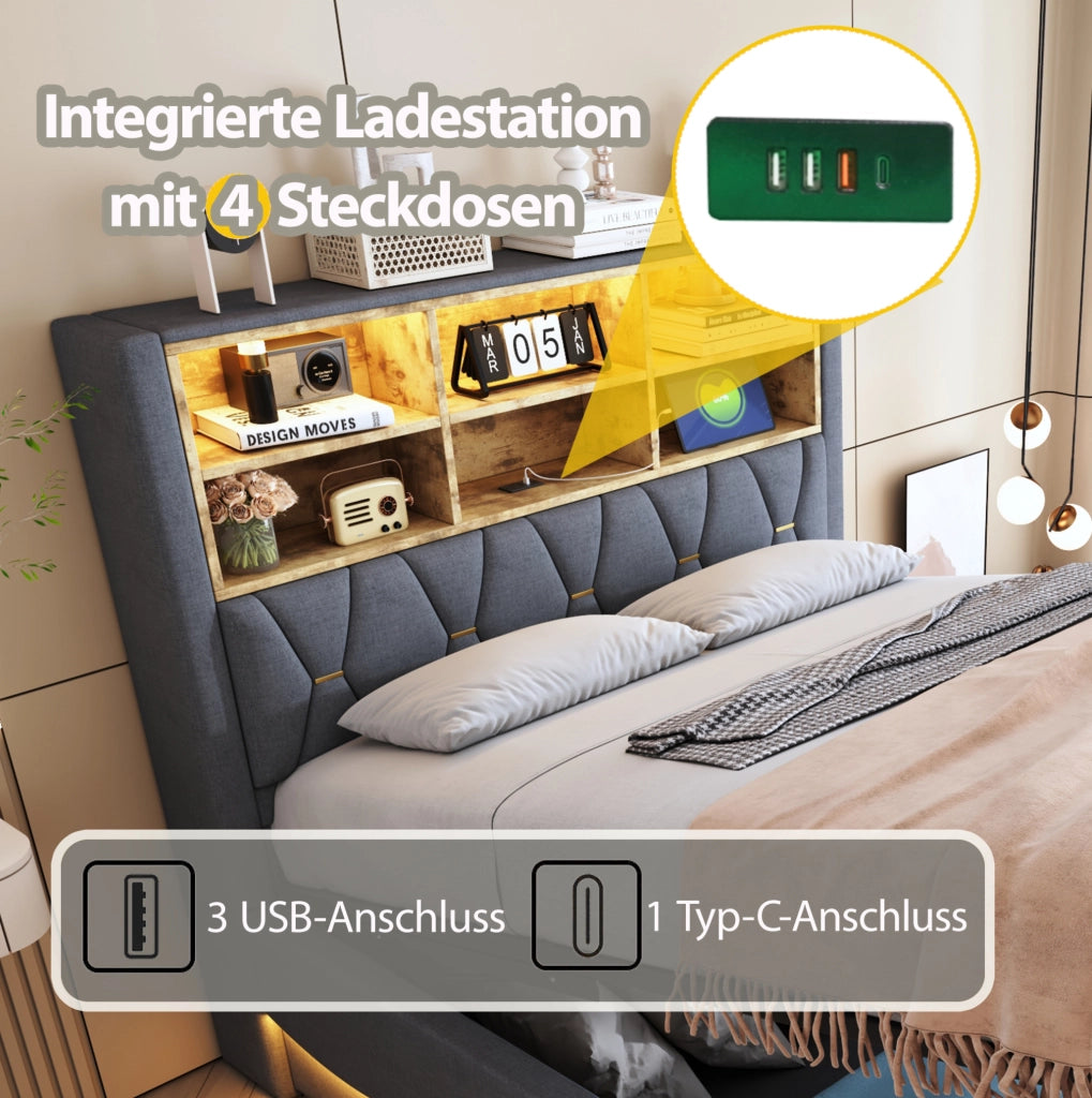 Letto imbottito 140x200 cm con LED, USB e vano contenitore