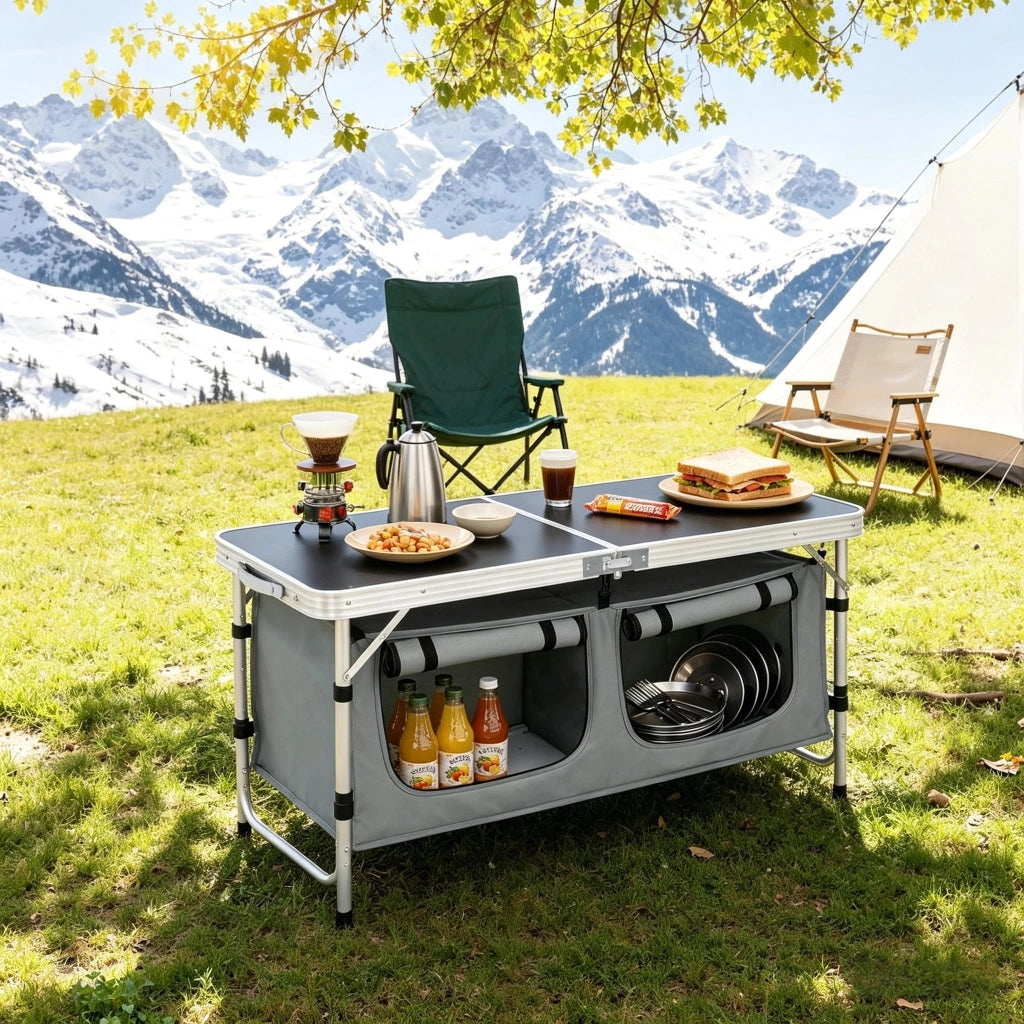 Tavolo pieghevole da campeggio con tasca portaoggetti, gambe regolabili, 120 x 47 cm