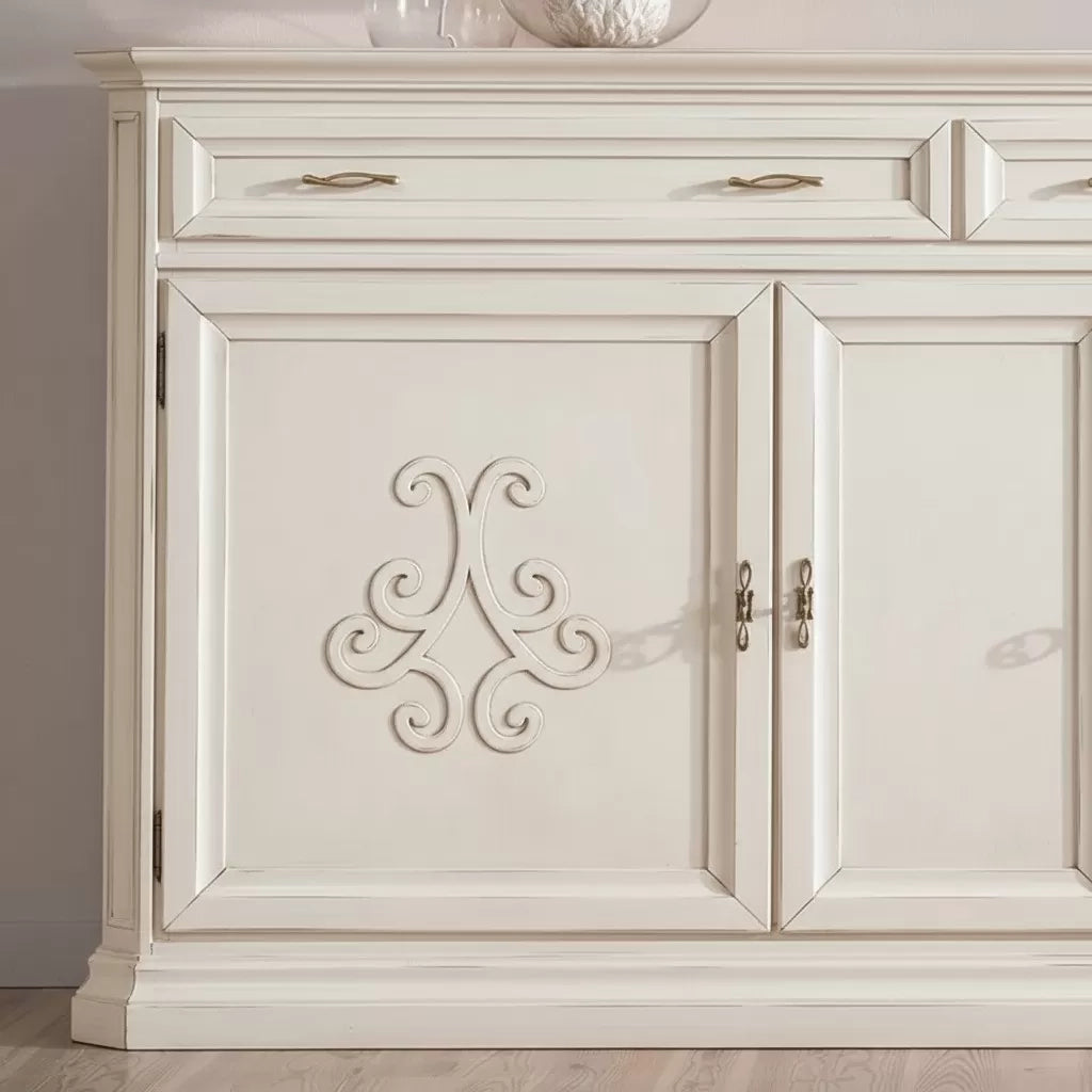Credenza classica 3 porte 2 cassetti legno bianco anticato rilievo 196x50x110 - Mobili 2G