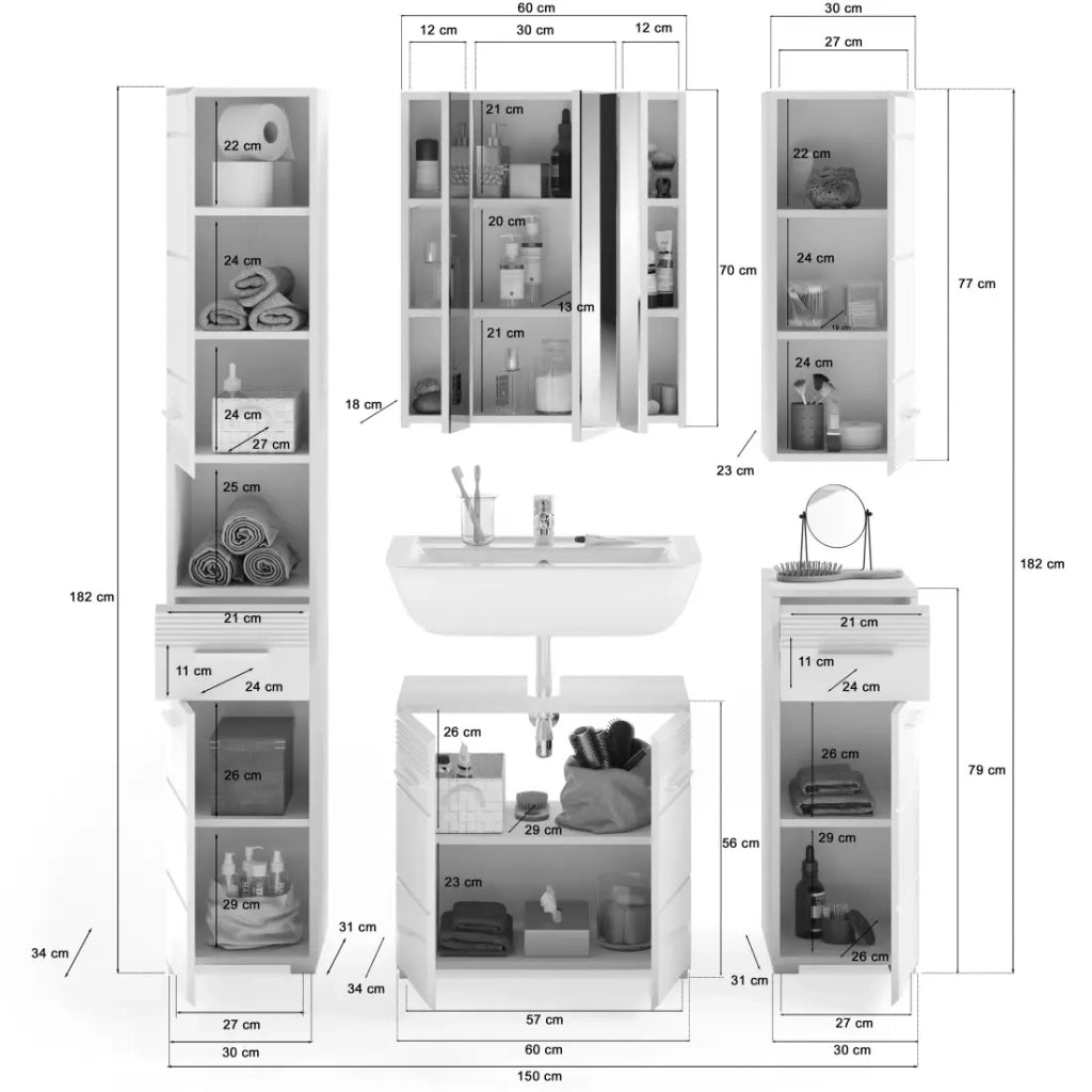 Set da bagno: mobile sotto lavabo + 2 mezze colonne + mobile contenitore con specchio e LED + colonna da bagno