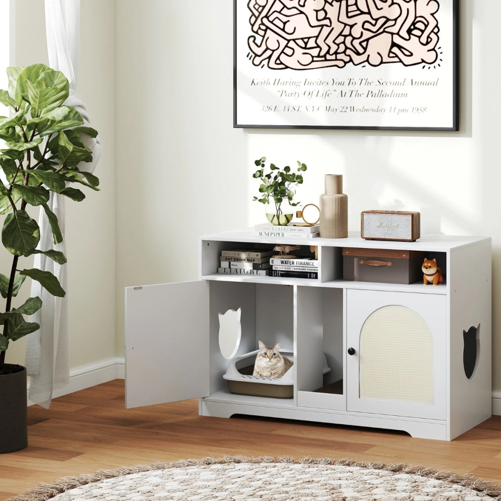 Armadietto moderno per gatti con ripostiglio doppie stanze in legno da interno, Armadietto moderno 2 tappetini in sisal Bianco-Lettini e divanetti